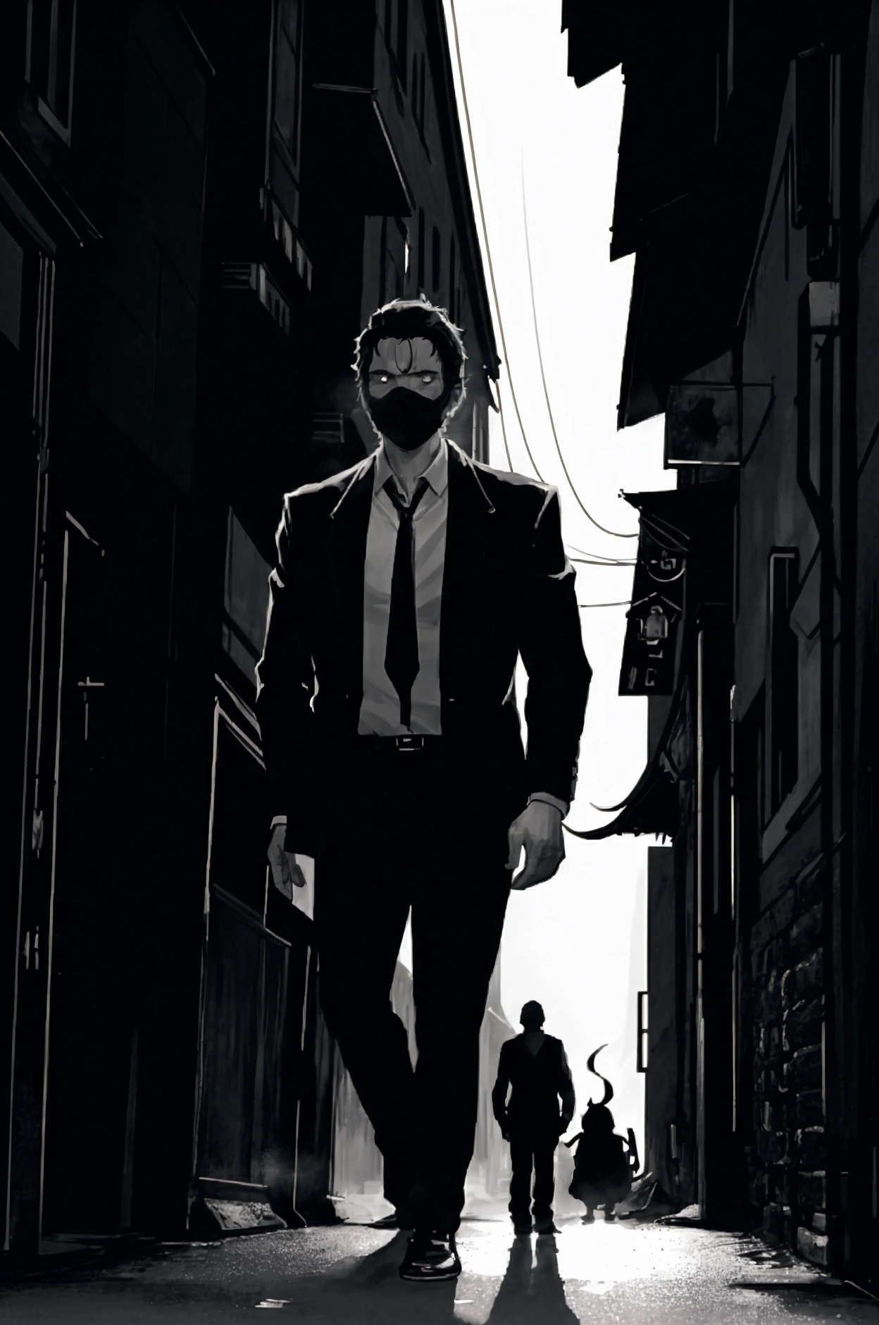 a 35-year-old man walking down a dark street, just a single light showing a silhouette behind him, horror book cover, dark lighting, dramatic shadows, film composition, detailed facial features, it's clear