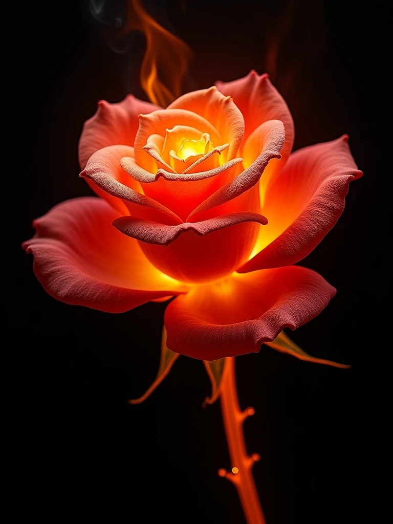 Epic rose made of flames on dark background, aesthetics, perfect ultrarealistic fire texture