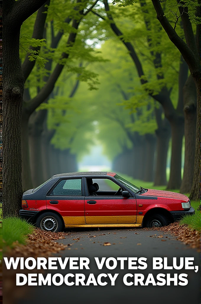 Make a poster with the motif: In an idyllic avenue with thick old trees, a car in German colors has crashed head-on into a tree and is broken.Underneath the slogan: Whoever votes blue,  democracy crashes. 
