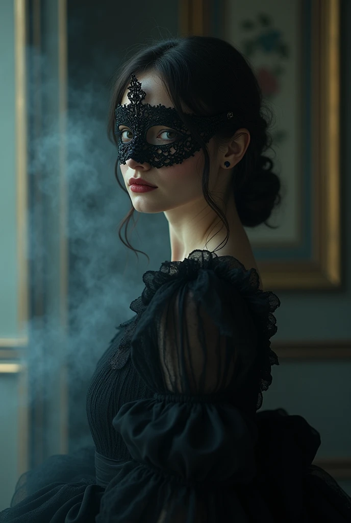 a close up of a woman wearing a mask, dreamy gothic girl, vampire, elegant render, half body photo, mistress, photoshop render, ebony rococo, elegant girl, female spy, haunting beautiful young woman, detailed face, extravagant dress, beauty girl, very femenine, dark haze atmoosphere, ambient dust