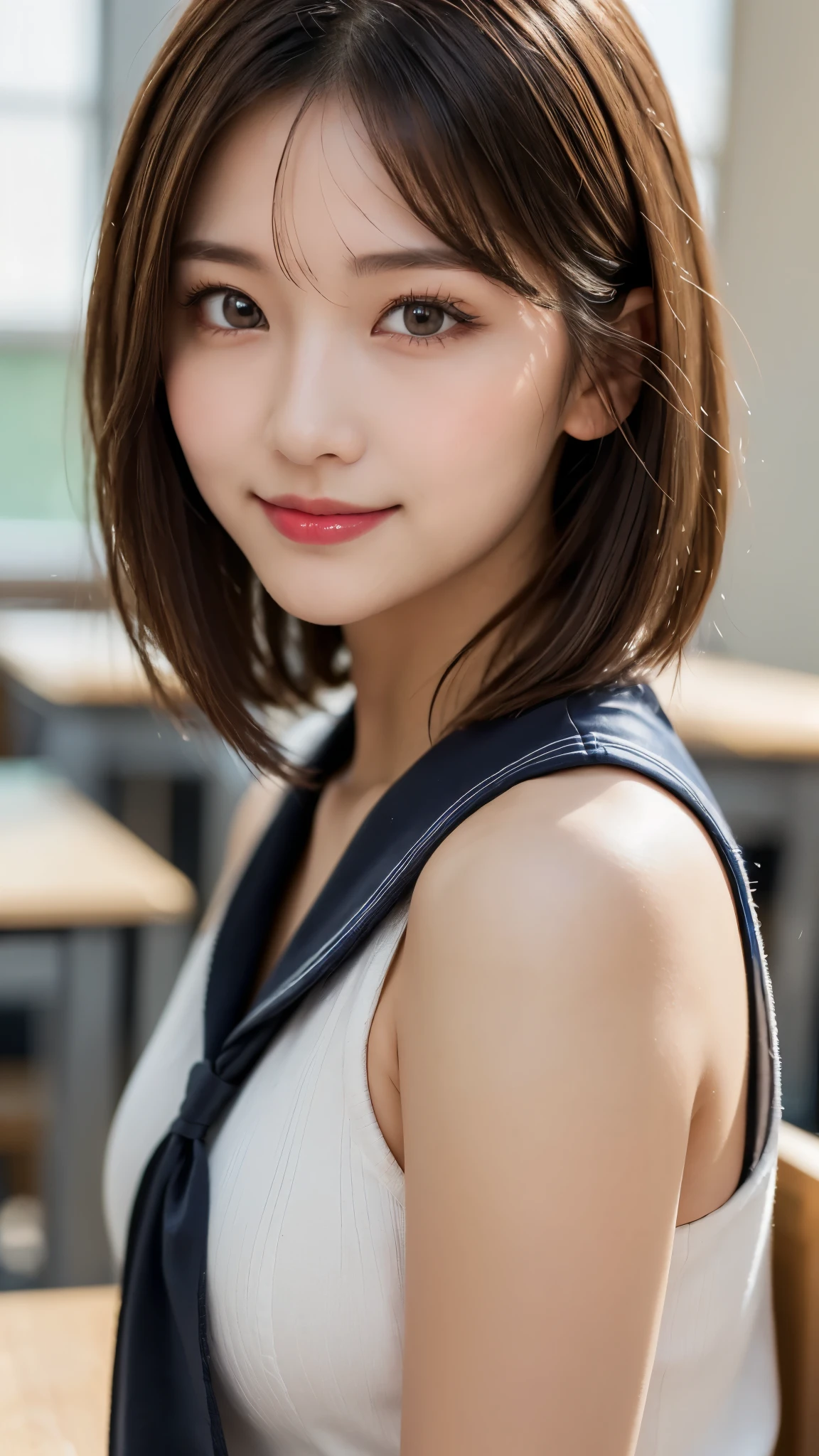 (masterpiece:1.3), (16k, photorealistic, RAW photo, best quality: 1.4),(photo of a beautiful Japanese girl), absurdres, attractive, ultra high resolution, ultra realistic, highly detailed, golden ratio, ultra detailed, super fucking beautiful detailed face, natural makeup, detailed cloth texture, detailed hair texture, beautiful detailed fullbody, Perfect female body, accurate, Anatomically correct, Highly detailed face and skin texture, (beautiful hands), (realistic skin), (beautiful pale skin:1.1), (Perfect dynamic composition, looking at viewer, full body shot:1.3), 
BREAK, 
realistic eyes, beautiful detailed eyes, symmetric eyes, Light Brown eyes, Double eyelids, Thin eyebrows, (Glossy lips:1.4), ((A face with waiting for a kiss, cute smile:1.2)), (blush:1.1), 
BREAK, 
((short hair, bob, Dark blonde hair, bangs, pin:1.2)), (Daytime, classroom:1.3), (school uniform, sailor suit:1.3)