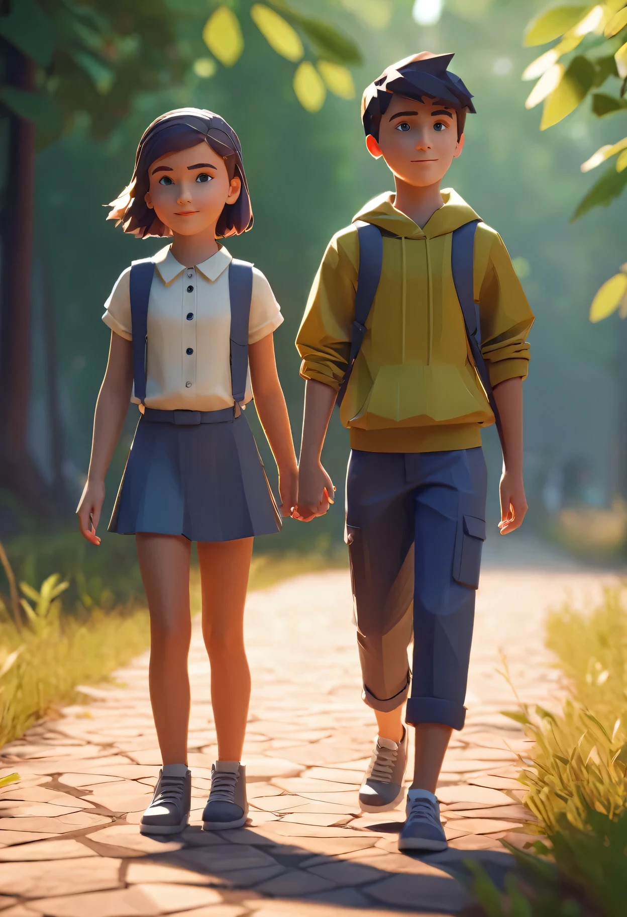 lowpoly, a boy and a girl htogether, smiling, cinematic lighting, octane render, epic realistic, low poly count, stnad up, full body, no background