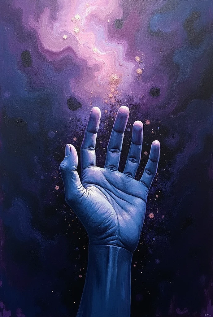An abstract oil painting using shades of purple blue and black and a drawing of a hand
