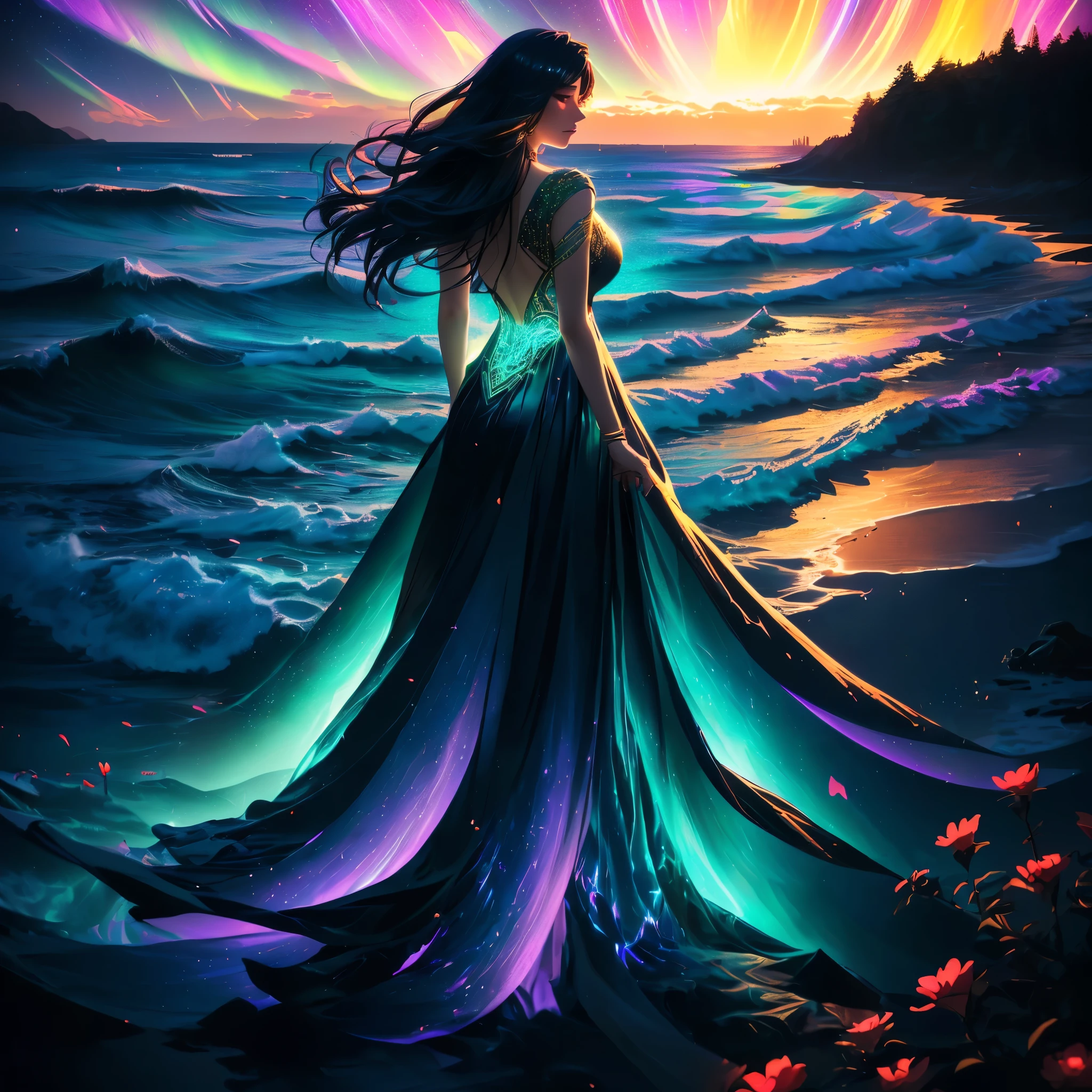 Above view of young Asian woman with luminescent aura spinning vortex-like on a serene dusk beach, long black hair flowing like a spectral aura, her back to vibrant sunset, wearing an elaborate gown with iridescent, colorful bright neon blue-green hues, shimmering fabric resembling liquefied light, intricate swirling patterns weaving through garment like aurora borealis, glowing colorful flowers, leaves, and tendrils overflowing onto luminous sand, as if reality's fabric ripples, her presence immersed in radiating magical aura, colors blending, hues merging, reality and fantasy boundaries dissolving, neon lights dancing across scenery, warm golden light bathing her, amidst fusion of Shinkai's ethereal landscapes, Stalenhag's opulent textures, and Loish's intricate glow, cinematic atmosphere evoking epic, stunning, intricate, meticulously detailed, dramatic, atmospheric, maximalist digital matte painting