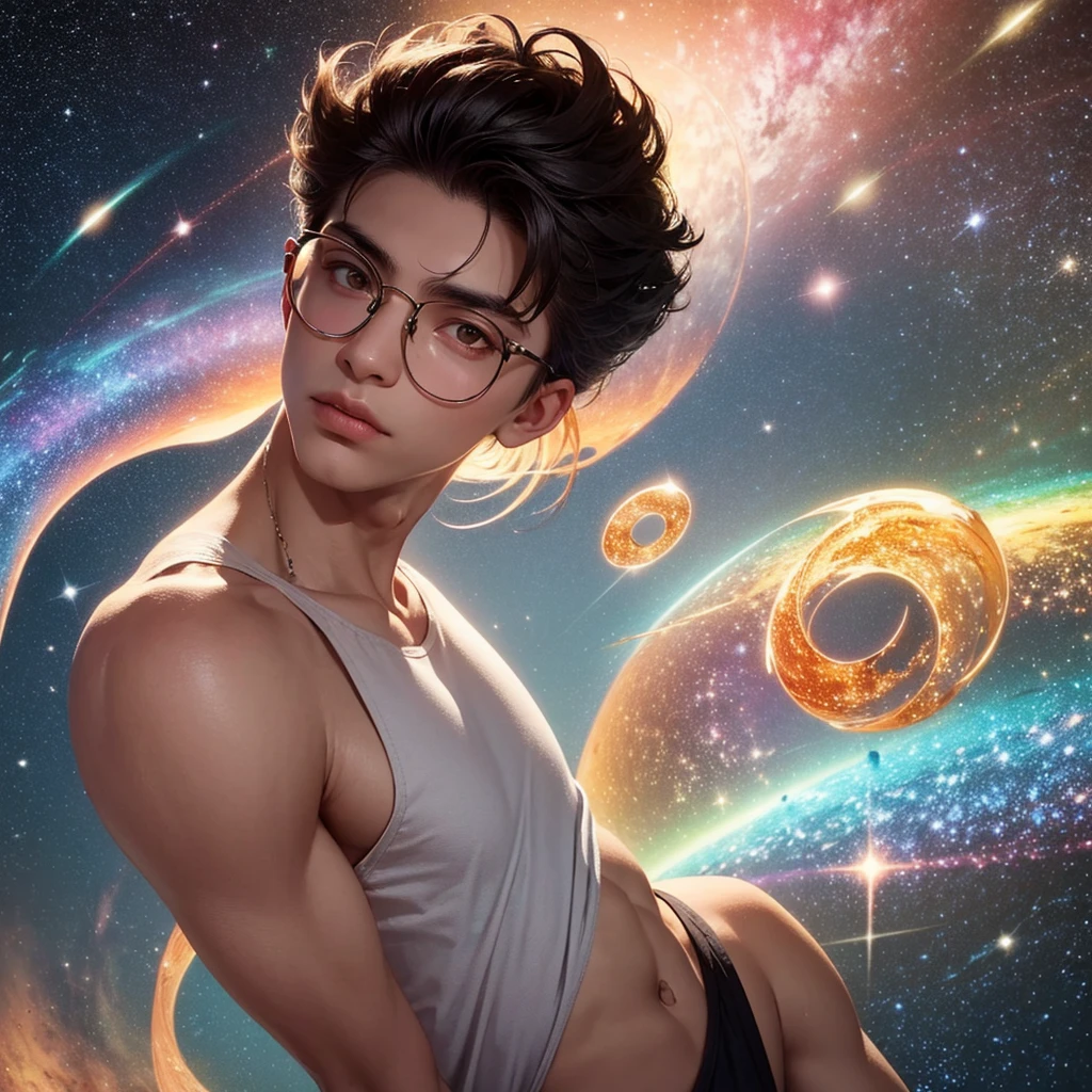"Envision an expansive astral plane, glowing with soft luminescence in shades of starry yellows and reds, stretching endlessly upward. Central to this celestial scape is a mysterious young Brazilian man, standing in harmony with the cosmos, gazing directly at you. He is 18 years old, with fair skin, dark brown eyes, and black hair combed to the left side, slightly spiky. He wears a white t-shirt and slightly rectangular glasses that reveal the vibrant, colorful universe behind him. A small mole is visible on his cheek, adding a touch of realism to his mystical presence. The lower half of the scene transitions into a dark, vaporous essence that drifts behind him like a comet's tail, merging with the astral hues. The portrait captures the magnificent presence of this young man from Santa Catarina, embodying both the surreal and the mystical in complete harmony with the universe. The background is filled with cosmic swirls in vibrant colors, creating a magical, hyperrealistic, and extremely detailed scene, with beautiful galaxy lighting up the sky and amazing cosmic swirls."