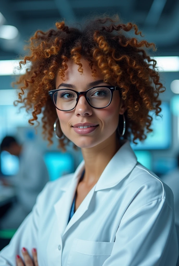 Woman , curly hair,80 kilos,with glasses,White lab coat of a specialist 