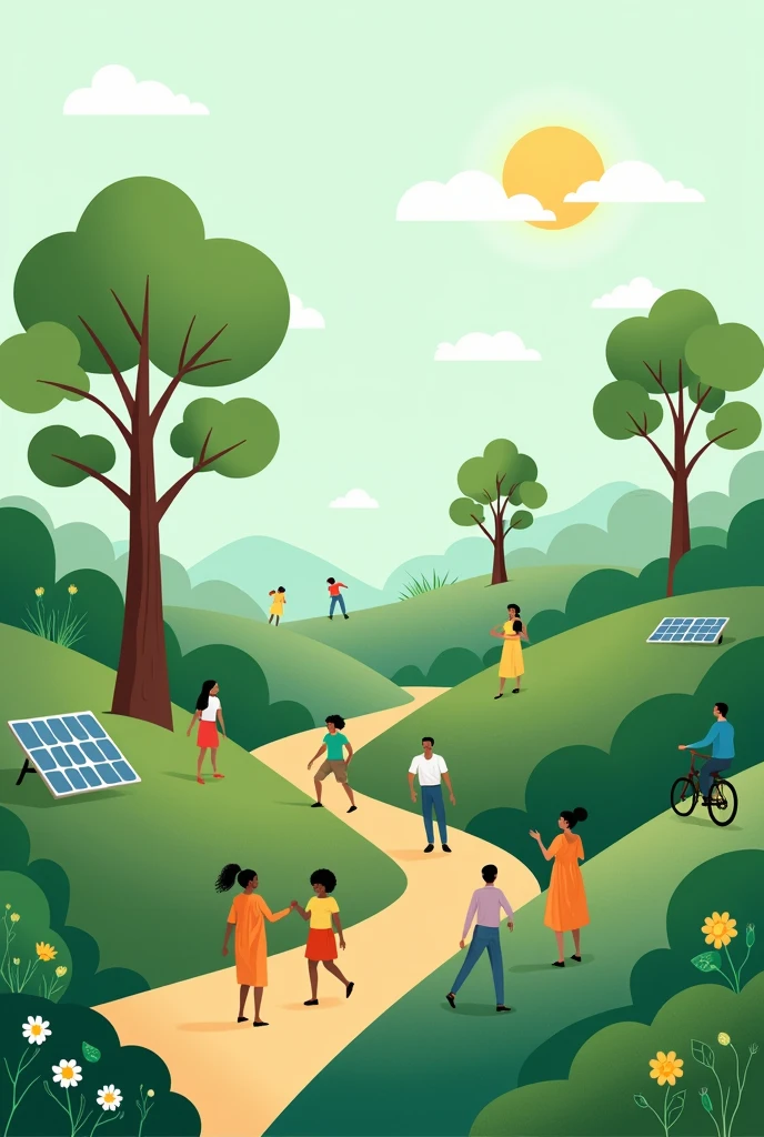 Create a minimalist illustration that represents the concept of “Thinking Green.” The image should integrate elements of the environment, social inclusion, and sustainability. Use soft, natural colors such as greens, blues, and earthy tones. The illustration should convey harmony and balance between nature and society, highlighting the importance of inclusion and sustainability for a better future. Include symbols such as trees, people of different ethnicities and ages, and sustainable elements such as solar panels or bicycles.