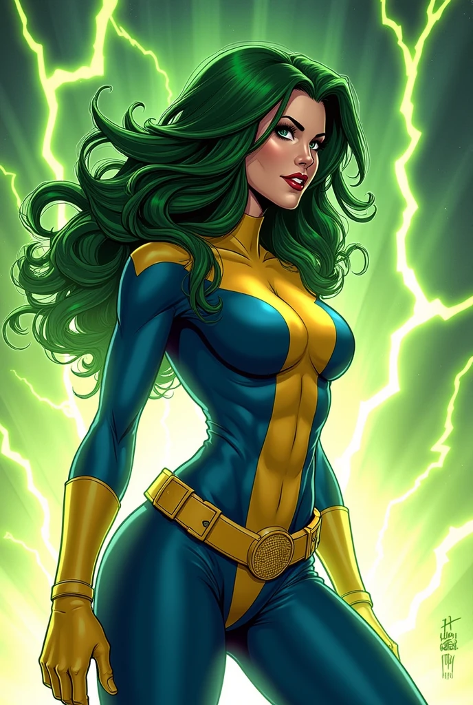 Lorna Dane, polaris x-men, (sexy profile side win pose:1.6), (green thick wavy long hair:1.4), (huge breast:1.6), wearing a blue costume, big yellow in the chest and stomach, with yellow xmen belt, yellow glowes, yellow boots, (screenshot of a beat em up videogame), (she's surrounded by a green energy:1.5), (comic style:1.4)