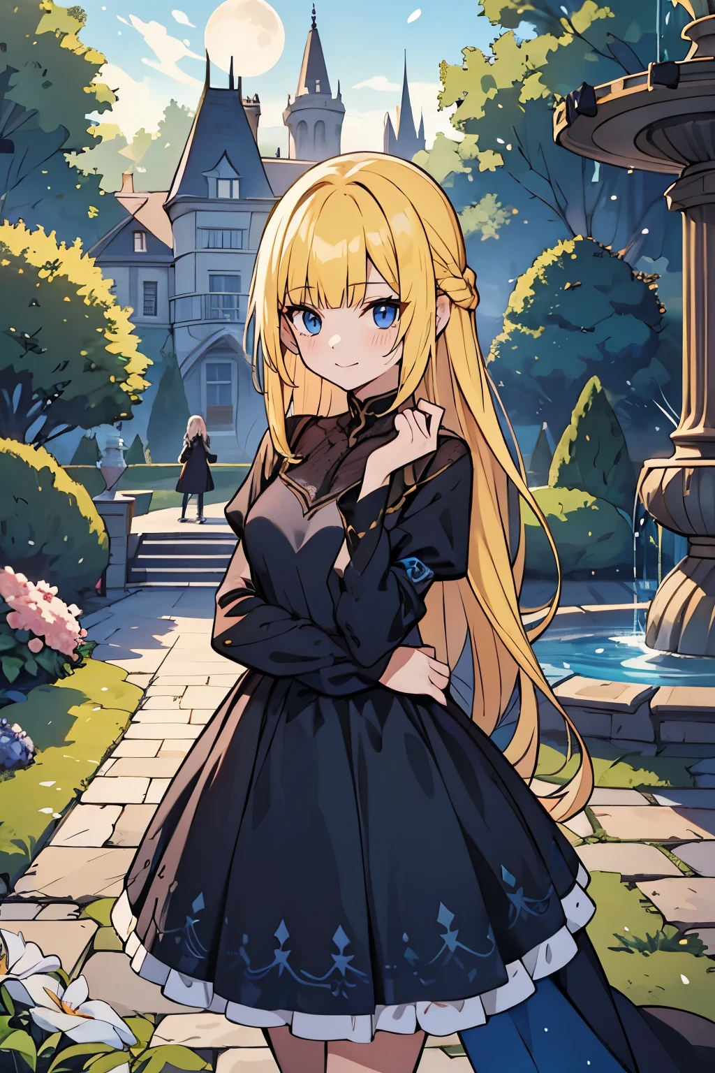 fairy_tail_style, solo, 1 girl, cowboy shot, (young female body:1.4), (medium small breasts), golden yellow hair, extra long hair, blunt bangs, crystal blue eyes, very detailed blue eyes, mansion garden, standing on a cobble pathway, a moonlit garden with a fountain, rose bushes, night time, elegant black dress, maxi length black dress, long sleeves, form fitting dress, chic evening dress, party dress, cowboy shot, flower in hair
