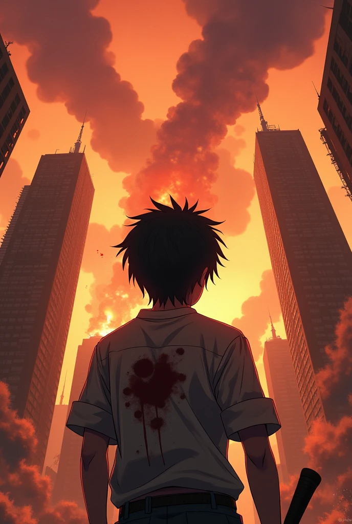 The back of a young male anime character in dirty clothes, Stained with blood, A man holding a weapon is standing below looking up at the ruined city., The towering buildings engulfed in flames,collapse after the monster pandemic
