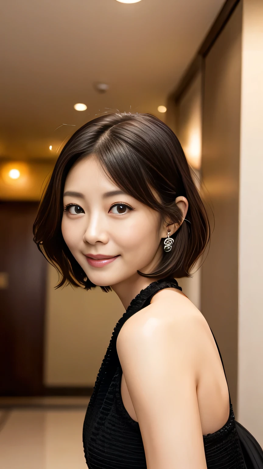 One Japan、40 years old、Elegant short black haircut、Hairstyle with visible ears、Beautiful Face、Double eyelids、Beautiful Eyes、Thin and high nose、smile、Watching the audience、Mouth slightly open、Bust up photo、background：hotel lobby、(uhd, anatomically correct, textured skin, best quality, 8k)