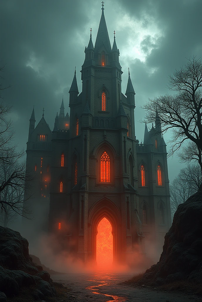 Create a huge temple in the English style, that emanates a cursed orange-red energy