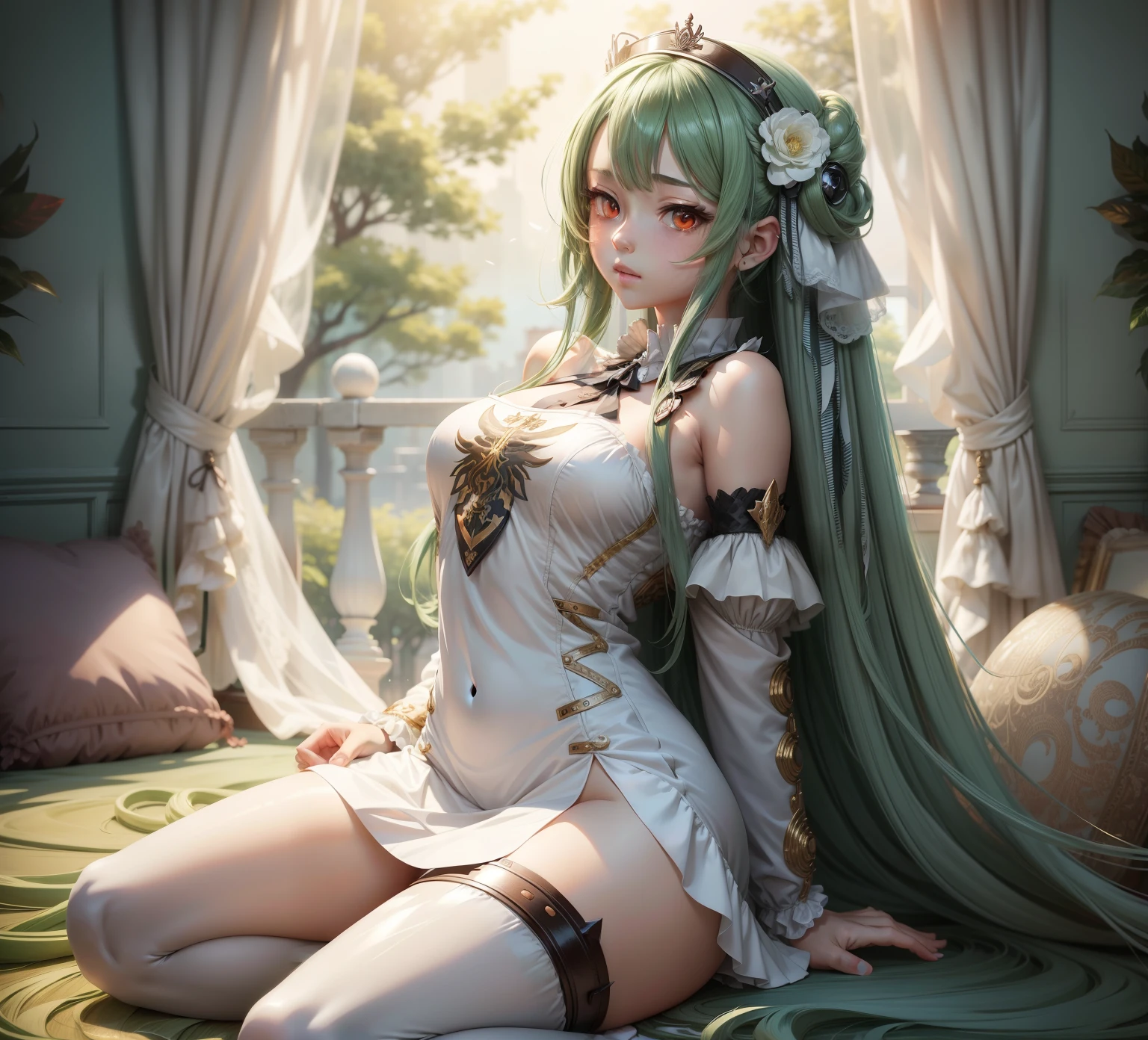 anime girl with long hair and a white dress sitting on a green and white striped background, fine details. anime. tentacles, anime goddess, red eyes, from girls frontline, cushart krenz key art feminine, android heroine, fine details. girls frontline, tentacles robotic arms, anime monster girl, hq artwork, lamia, lolish, girls frontline cg, official anime artwork, nsfw, panties