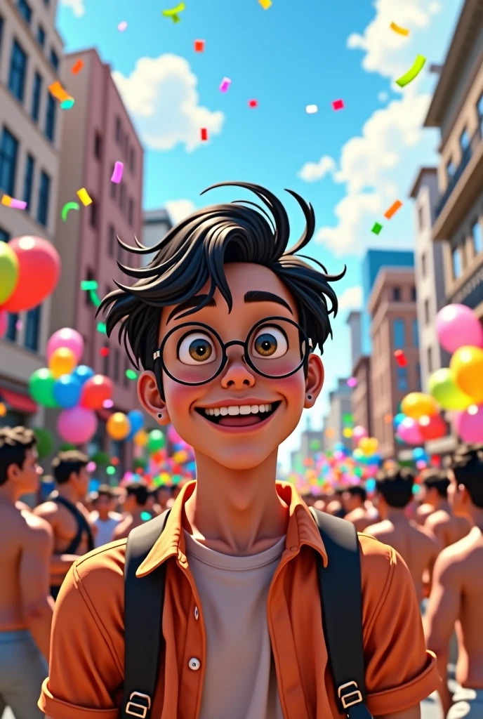 CREATE A 25 YEAR OLD MAN, with medium straight black hair, round eyeglasses at an lgbt pride parade in the pixar version
