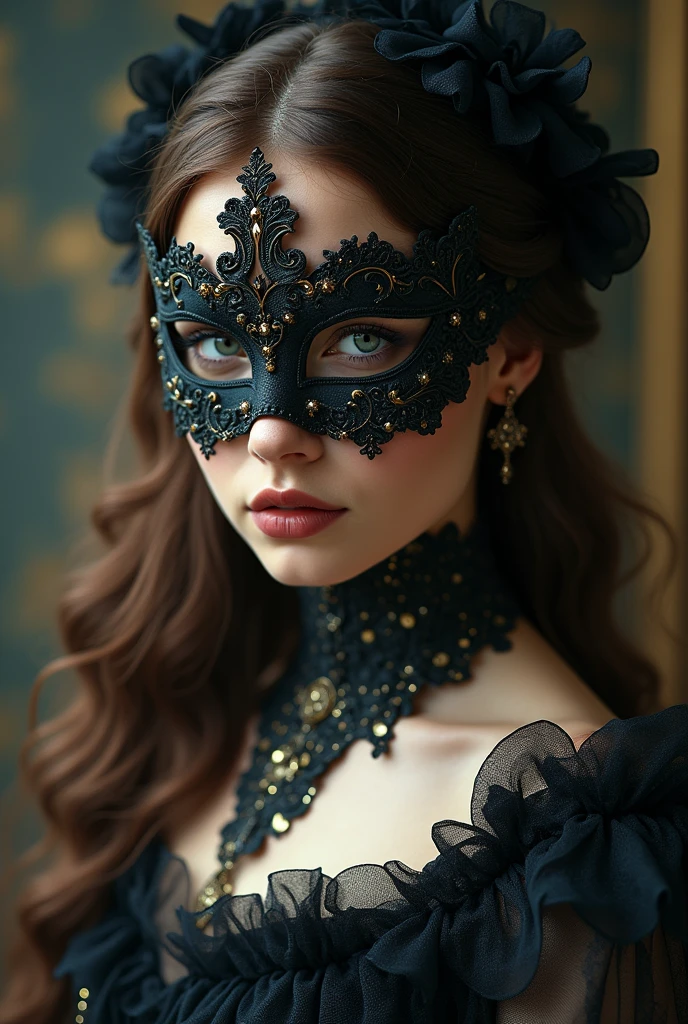 a close up of a woman wearing a mask, dreamy gothic girl, vampire, elegant render, half body photo, mistress, photoshop render, ebony rococo, elegant girl, female spy, haunting beautiful young woman, detailed face, extravagant dress, beauty girl, very femenine, brown hair, royalty, dark haze atmoosphere, ambient dust
