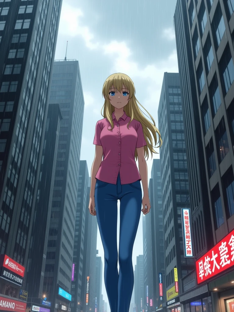 A blonde girl standing on the ground floor of a metropolis building, fully body, perfectbody, perfect hands, perfect legs, piercing look, wearing blue pants and a pink shirt, observing the surrounding buildings and the hustle and bustle of a big city. Cloudy and very rainy day. anime styling, high resolution,