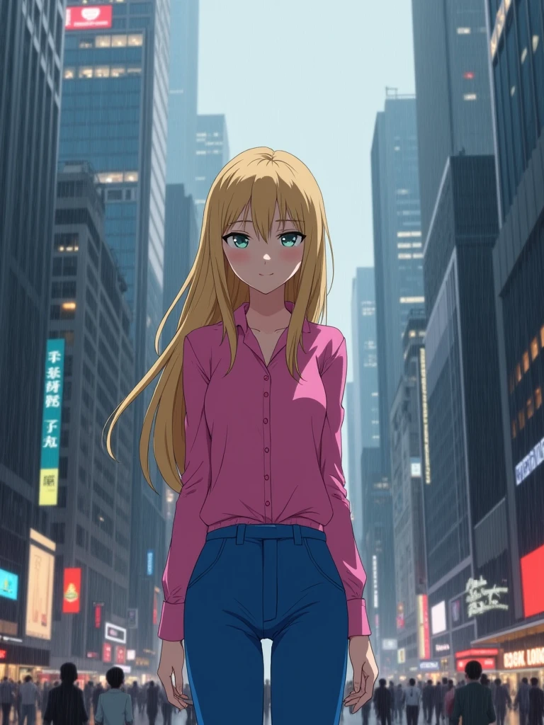 A blonde girl standing on the ground floor of a metropolis building, fully body, perfectbody, perfect hands, perfect legs, piercing look, wearing blue pants and a pink shirt, observing the surrounding buildings and the hustle and bustle of a big city. Cloudy and very rainy day. anime styling, high resolution,