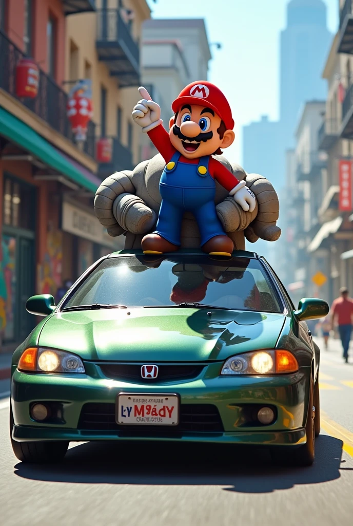 Super mario on top of a honda civic, and an iron golem driving 