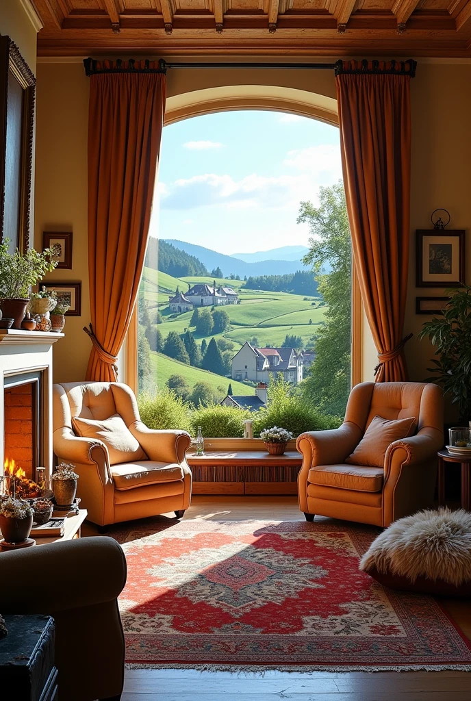 Large, bright room with big armchairs, rugs, and cushions, featuring a fireplace in the background and a window with a European landscape. 