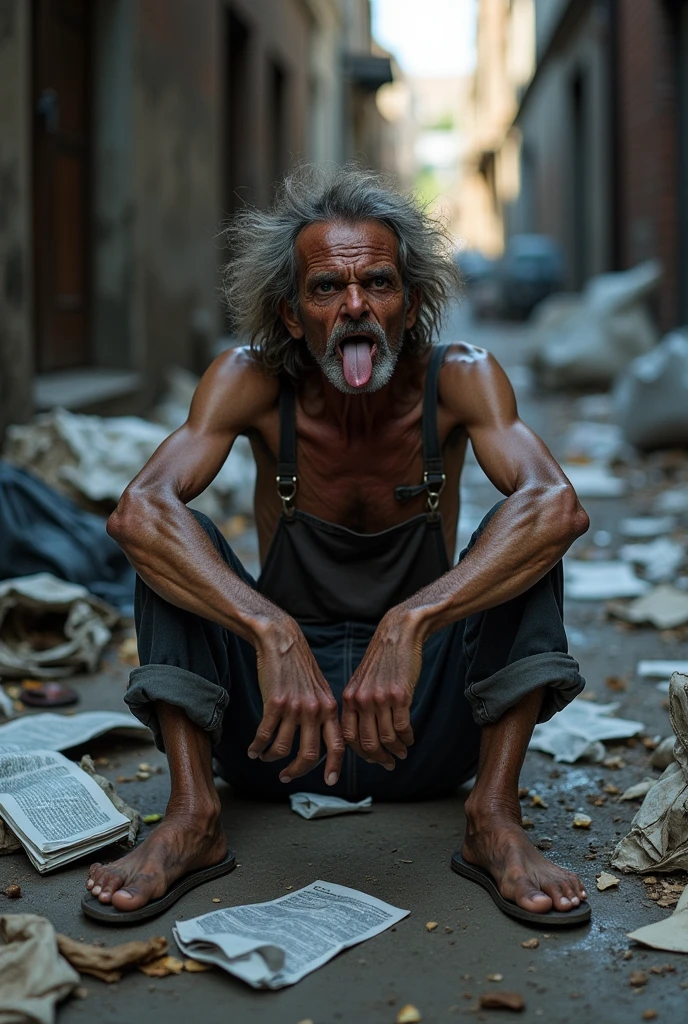 Fat Ugly nude dirty thin homeless man mouth hanging open tongue out sitting in trash full side view