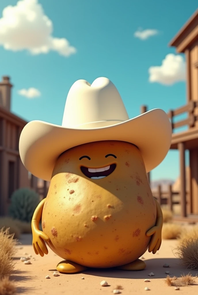 A potato wearing a white, very long cowboy hat