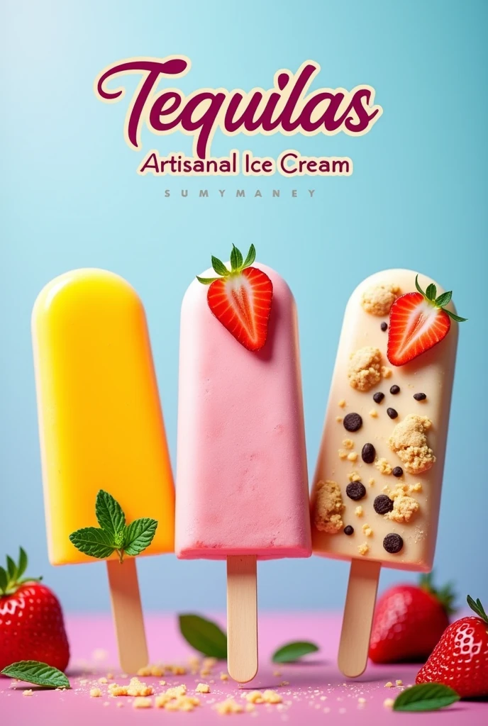 Three ice cream sticks arranged in a vertical line, cada una con un diseño colorido and atractivo. The first palette, bright yellow, es de sabor mango and tiene un aspecto fresco and jugoso con una hoja de menta decorativa en la parte inferior. The second palette, of a light pink tone, It is light strawberry flavor, with a slice of strawberry visible in the center of the ice cream. The third palette is cookie flavored, con una base de color crema and pequeñas piezas de galleta incrustadas en todo el helado, con un diseño que incluande un trozo de fresa en la parte superior.At the top of the image, The name of the company is found "Tequilas" en una tipografía grande and juguetona, followed by "Artisanal Ice Creams" in a simpler but elegant style. Under each palette, The names of the corresponding flavors are found: "mango", "Strawberry Light", and "Cookies".The background of the image has a soft gradient in cool colors, como azul and púrpura, evocando una sensación refrescante and veraniega. Decoraciones adicionales como hojas de menta and fresas enteras rodean las paletas para añadir un toque extra de frescura and atractivo visual.
