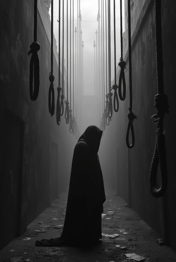 create an image representing life and death with a suicidal person, with a dark environment, only with black and white colors, shocking that makes you admire and also feel fear and reflect on death. May it have ropes hanging on all sides.
 