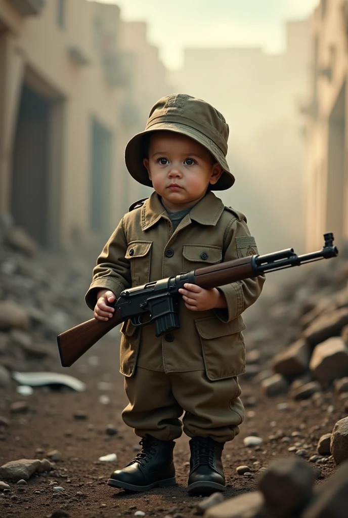 A small child wearing a soldier's uniform and holding a weapon faces forward on the battlefield.