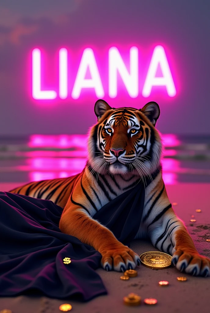 A tiger in a black dress lies on the beach, She holds a Bitcoin-shaped purse in her paws., Make the background neon purple, add dollar signs, and a large neon sign that says "LIANA"