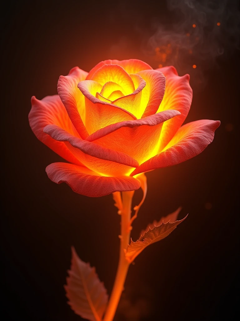 Epic glowing rose made of flames on dark background, aesthetics, perfect ultrarealistic fire texture, unreal engine