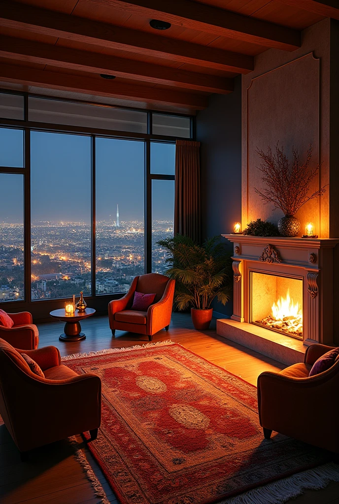 Large, bright room with big armchairs, rugs, and cushions. A fireplace in the background, and a window with a European night landscape. 