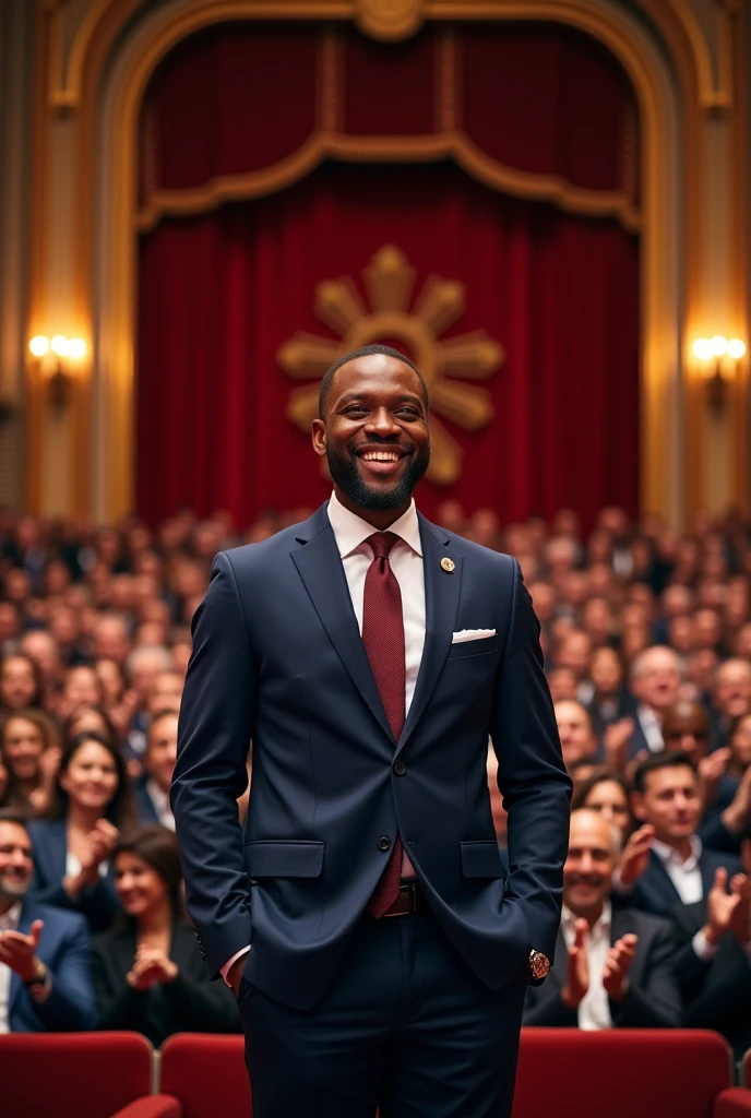Create an image of a proud speaker with thousands of spectators applauding
