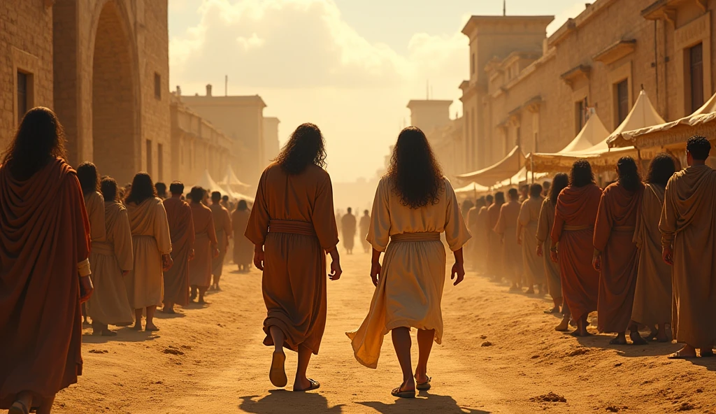 
"A vibrant scene of the ancient city of Sodom, captured in rich detail. two mens, they approach the city gates. They are clothed in simple tunics, typical of the time, with leather sandals. One of them has long, flowing hair, while the other has a more robust and imposing appearance. The city in the background is a representation of depravity, With dusty streets, tents and shops selling various goods. The faces of the inhabitants reflect an atmosphere of excess and debauchery, they are looking at the men, with scenes of wild parties and immoral behaviors visible nearby. The dawn sky creates a striking contrast, adding an atmosphere of tension and foreboding. The image should evoke a sense of duality, between the innocence of the angels and the corruption of the city."
