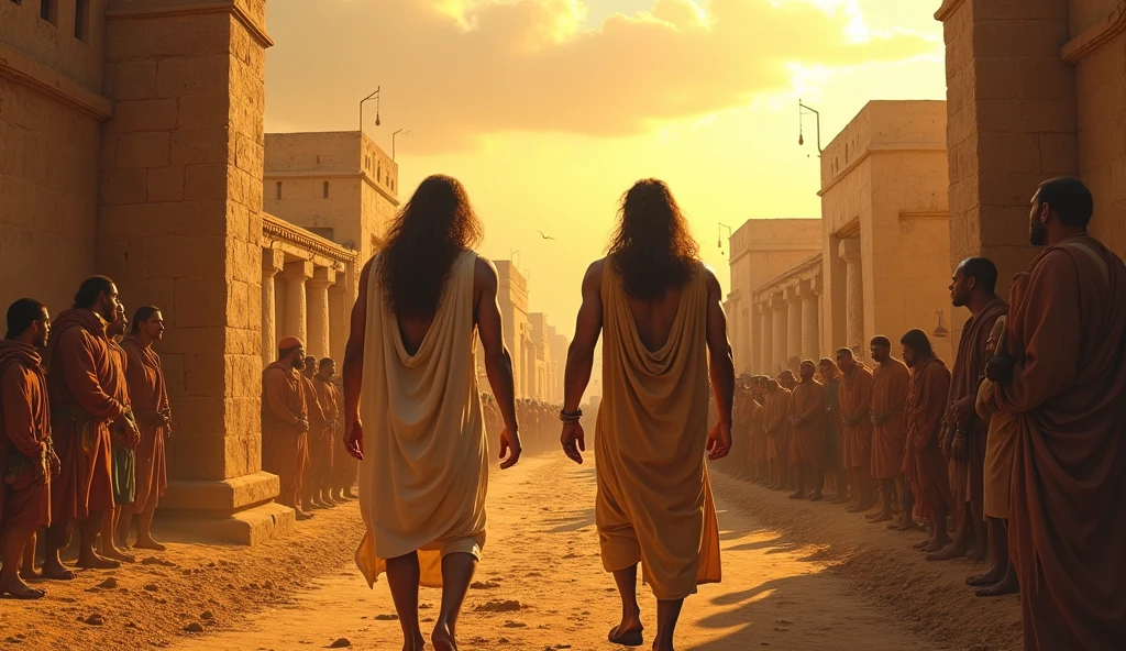 
"A vibrant scene of the ancient city of Sodom, captured in rich detail. two mens, they approach the city gates. They are clothed in simple tunics, typical of the time, with leather sandals. One of them has long, flowing hair, while the other has a more robust and imposing appearance. The city in the background is a representation of depravity, With dusty streets, tents and shops selling various goods. The faces of the inhabitants reflect an atmosphere of excess and debauchery, they are looking at the men, with scenes of wild parties and immoral behaviors visible nearby. The dawn sky creates a striking contrast, adding an atmosphere of tension and foreboding. The image should evoke a sense of duality, between the innocence of the angels and the corruption of the city."