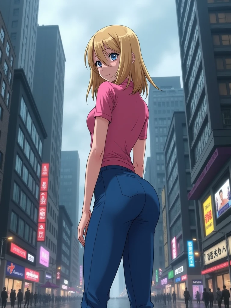 A blonde girl standing on the ground floor of a metropolis building, fully body, perfectbody, perfect hands, perfect legs, piercing look, wearing blue pants and a pink shirt, observing the surrounding buildings and the hustle and bustle of a big city. Cloudy and very rainy day. anime styling, high resolution,