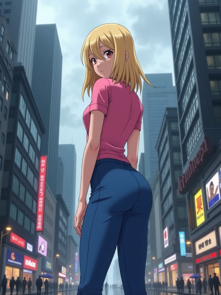 A blonde girl standing on the ground floor of a metropolis building, fully body, perfectbody, perfect hands, perfect legs, piercing look, wearing blue pants and a pink shirt, observing the surrounding buildings and the hustle and bustle of a big city. Cloudy and very rainy day. anime styling, high resolution,