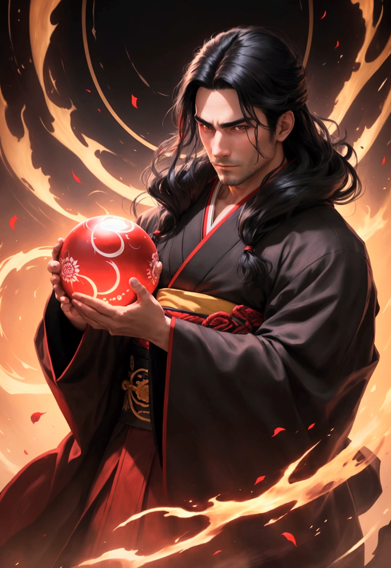 black haired, cold looking man, black eyes, long hair, majestic features, wearing a kimono, holding a glowing red ball of energy in his hand, novel cover.