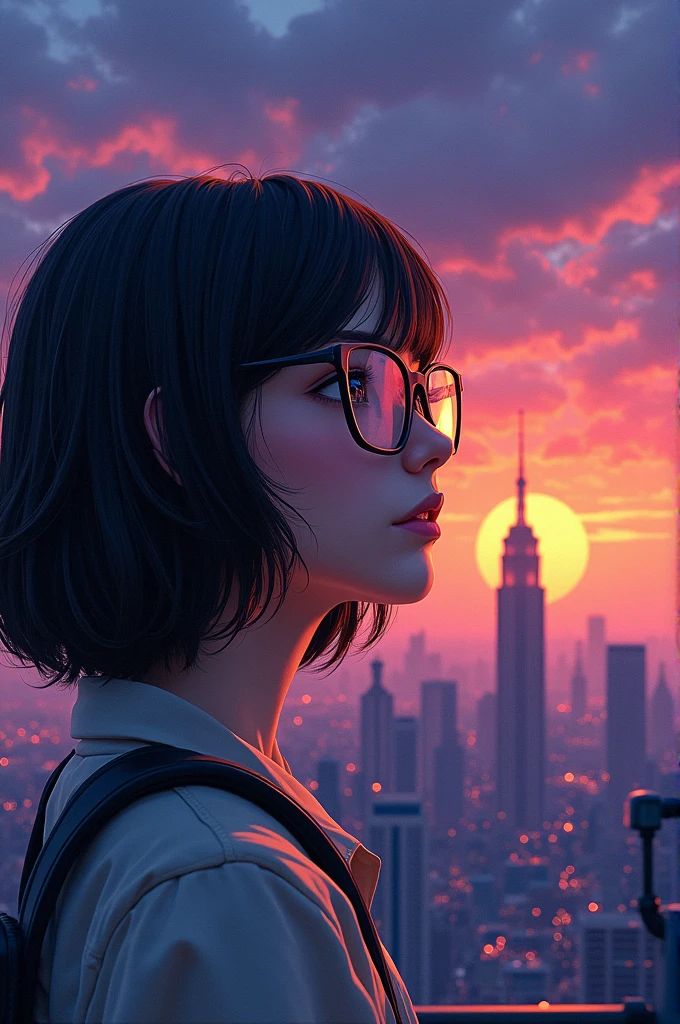 Create a written book cover "doing the impossible" with a character with shoulder length dark brown hair, wearing square black glasses, with dark brown eyes shining