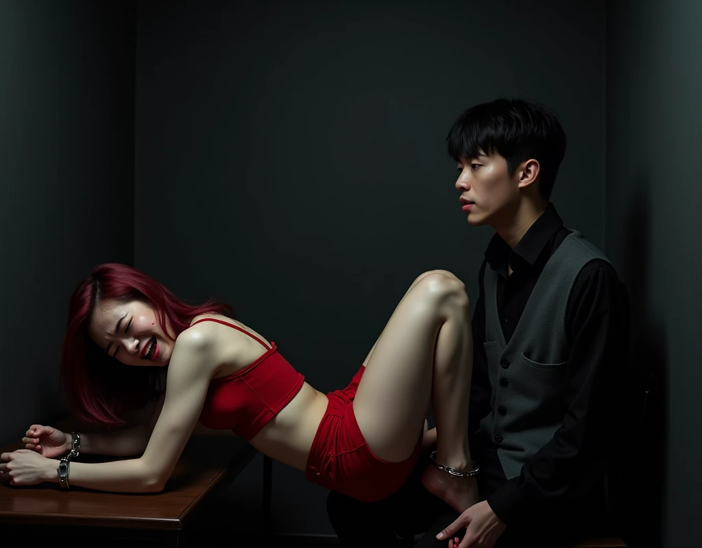Small pale-skinned woman, lying supine on table, open bleeding bite wound rib cage, vibrant maroon hair, lying supine, pained expression, handcuffs on wrists and ankles, arms pulled back, vibrant maroon side-parted wavy medium-length hair, light skin, red midriff top, matching shorts, 190 cm tall, young man with black bowl cut, side-swept bangs, Chinese-Korean-Japanese features, black shirt, business vest, black pants, sitting on floor next the low dark wood table, intense expression, blood on lips and mouth, minimalistic black and grey bedroom, dark lighting, photorealistic, cinematic.