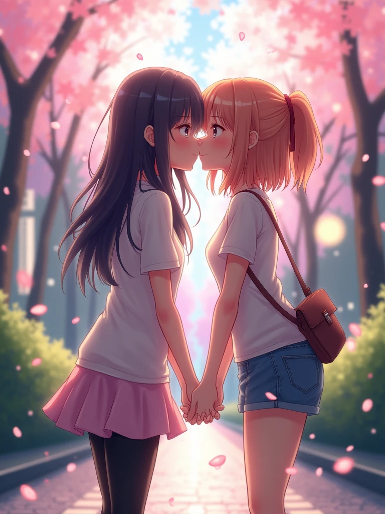 two girls anime kising in leggins short