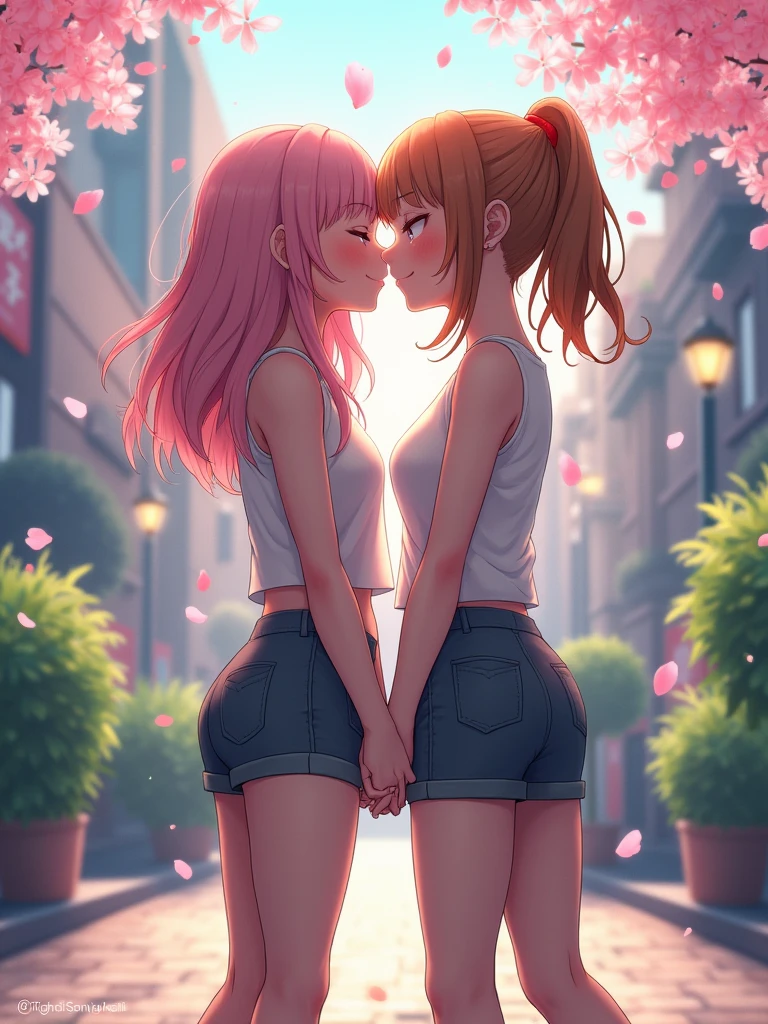 two girls anime kising in leggins short