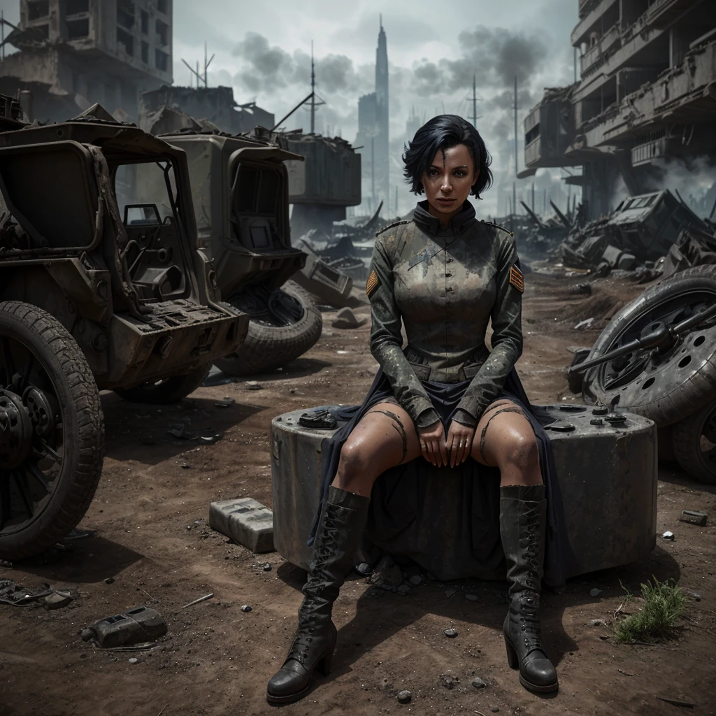 
a mysterious and ghostly woman in a worn and torn uniform sitting near the remains of some military vehicles in a futuristic and dystopian scenario, the woman is framed in the foreground and with a very detailed face