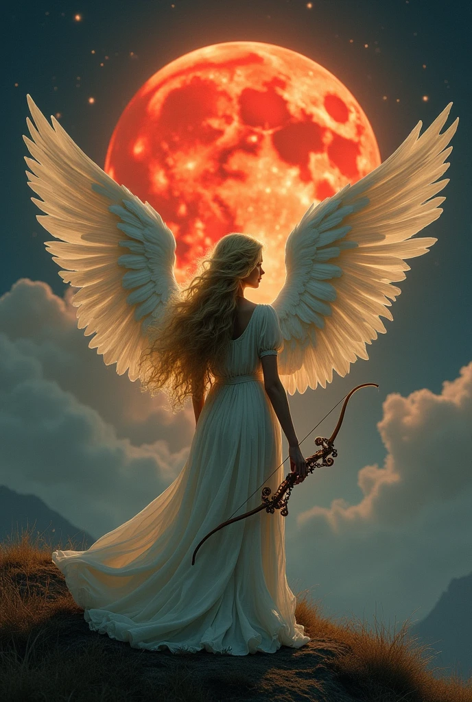 A hot angel with a bow in front of a big red moon where u can see the shade of the man of the moon 