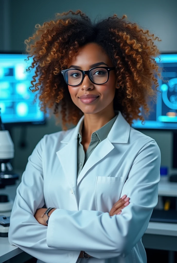 Woman , big curly hair,80 kilos,with glasses,White lab coat of a specialist