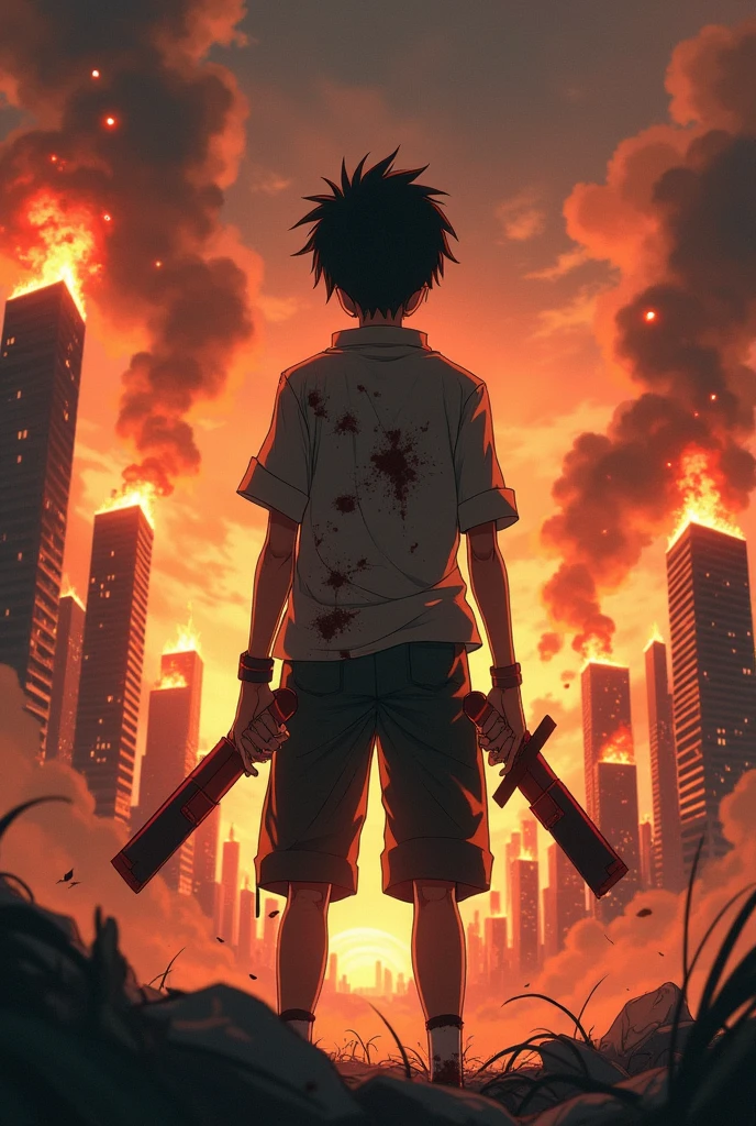 The back of a young male anime character in dirty clothes, blood-stained people, weapon-wielding hands stand below looking up at the desolate city, dilapidated, The towering buildings engulfed in flames, Crumbling down, after the monster pandemic
