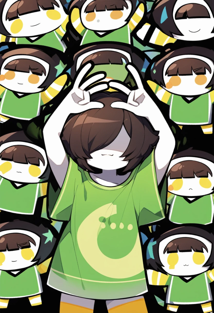 (score_9, score_8_up), face, Kris(deltarune), human, Brown dark hair, neutral smile, cute, non visible eyes, bob with bangs hair style, green shirt with yellow stripes, standing, arms up with one hand doing the peace sign, shadow over eyes, neutral smug face, white skin, {{{kame (kamepan44231), no humans, 1chibi, jitome, fumo (doll)}}}, portrait. 1boy, solo