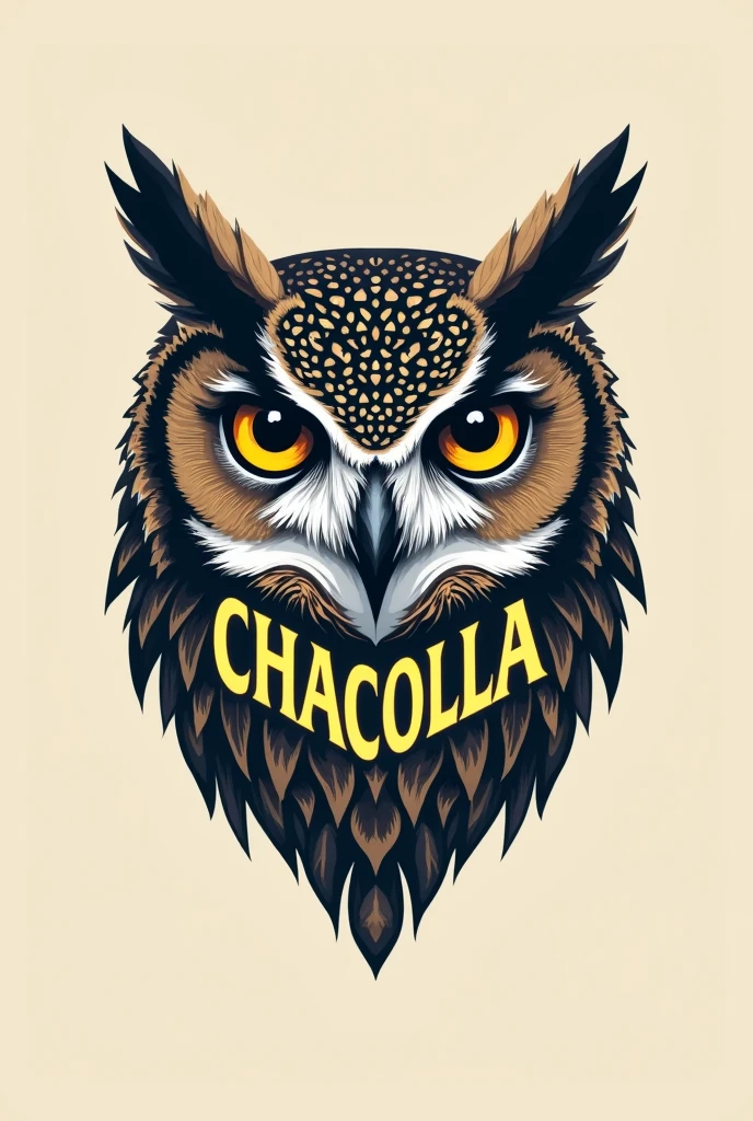 I need a stylized logo with the eyes of an owl that contains the word CHACOLLA integrated into the golden image in a subtle and elegant way