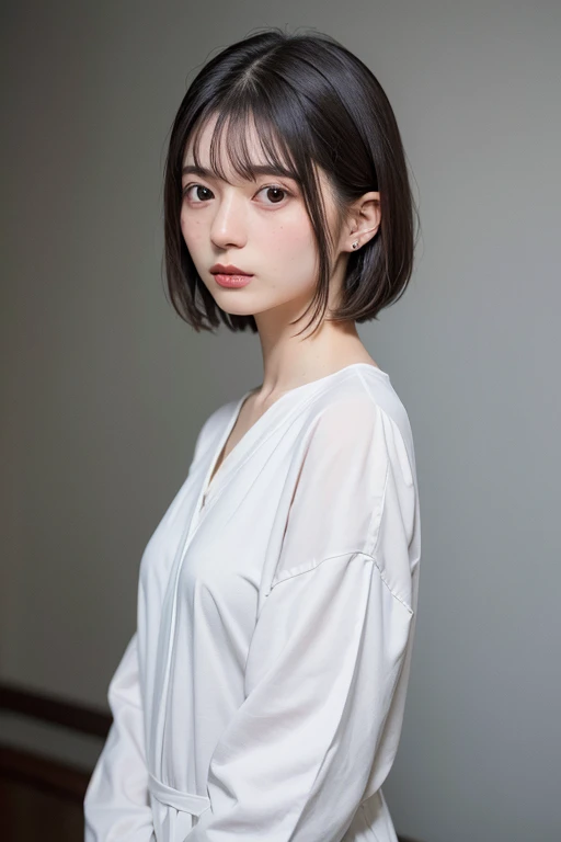 (RAW Photos, Highest quality, masterpiece: 1.2), (Realistic: 1.4), Best lighting, 20-year-old, (Light grey hair, Short Bob Cut, Divide your hair into 3/7ths, hair above one ear, Symmetrical eyes, alone, Detailed skin :1.2),