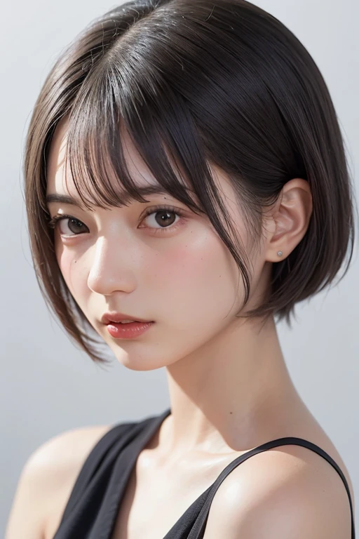 1 girl, alone, Shiny skin, chest, Very detailed, Super detailed, Ultra-high resolution, whole body, (フォトrealism:1.6、Put out your ears), (highest quality), (Best Shadow),realism:1.6 details, Perfect lighting, Black Hair, ((Showpiece, highest quality, High precision、Beautiful face in symmetry、Golden Ratio、Ultra-high resolution)), One Girl, (big chest, Realistic: 1.4), (look up at the camera even a little, カメラをlook up, look up, look up at the camera, Looking into the camera))), alone, , White Background, snow-White Background, shut up., smile, pretty Black Hair, short hair, Big eyes, Transparent double eyelids, eyelash, listen, Long neck, Long neck, Absolute area, ((Face close-up, short hair with bangs)), 19 years old, Attractive proportions, Shiny skin, Beautiful clavicle, Golden Ratioの顔, Perfect Face, Teardrop-shaped mole, chestのほくろ, bangs, clean bangs, beautiful bangs, Lip gloss, Thin lips, White skin, I took off my clothes, big chest, Small face, Small face, 少し上を向いてLooking into the camera, ((smile a little for the camera, really nothing pure White Background, very big big chest, big chest))