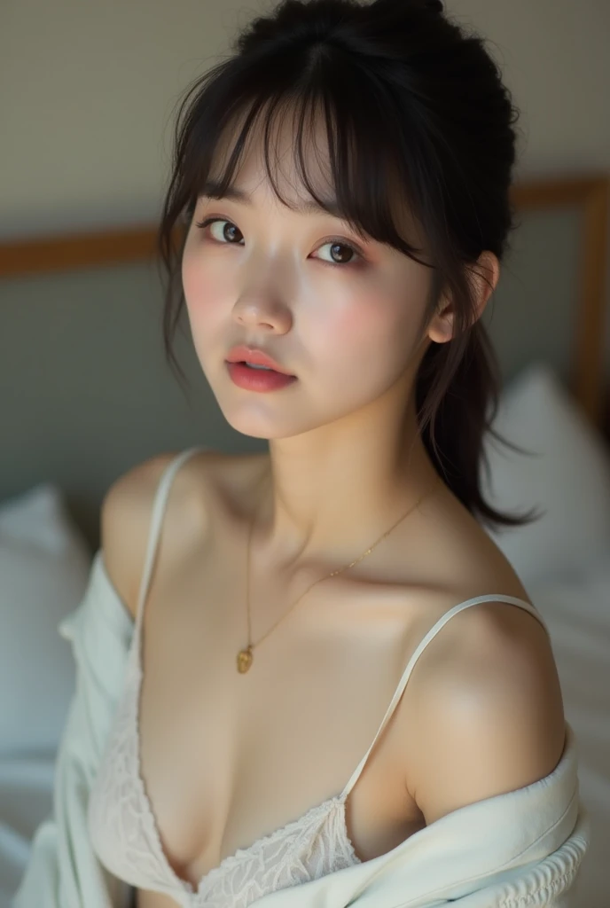 (masterpiece, Highest quality:1.4), Award-winning full-body photography, 8k, 85mm, alone, Beautiful Face,18 years old、Nude photoshoot、 necklace、Great style、Cute face like a Japanese idol、Standing next to the bed、Delicate woman, Baby Face、Beautiful Eyes、Beautiful clavicle、(((Topless)))、Cute hairstyle、Shapely breasts、Blushing and embarrassed
